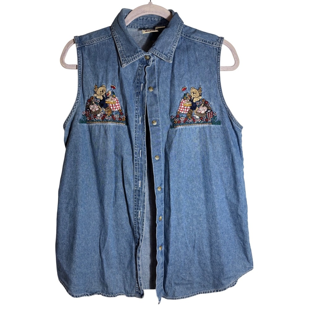 VTG Quizz Again Denim Embroidered Picnic Teddy Bear Button-Up Vest Size Large